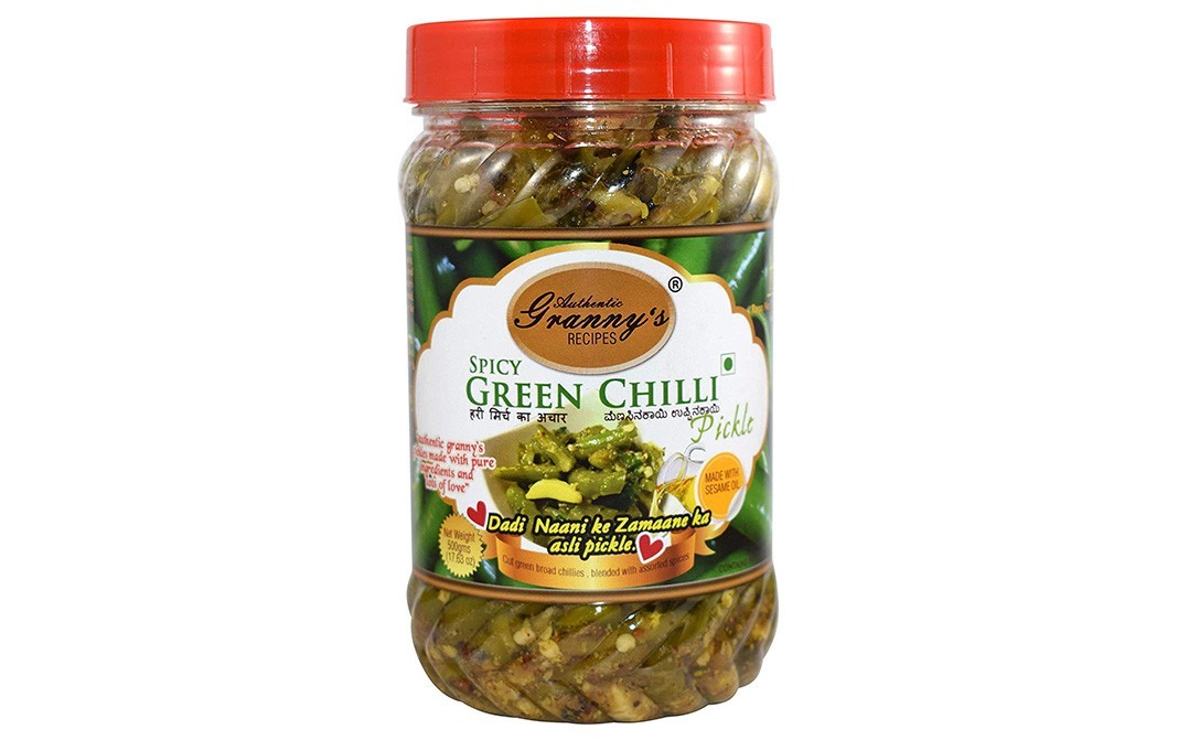 Authentic Granny's Recipes Spicy Green Chilli Pickles (Made with Sesame Oil)   Jar  500 grams